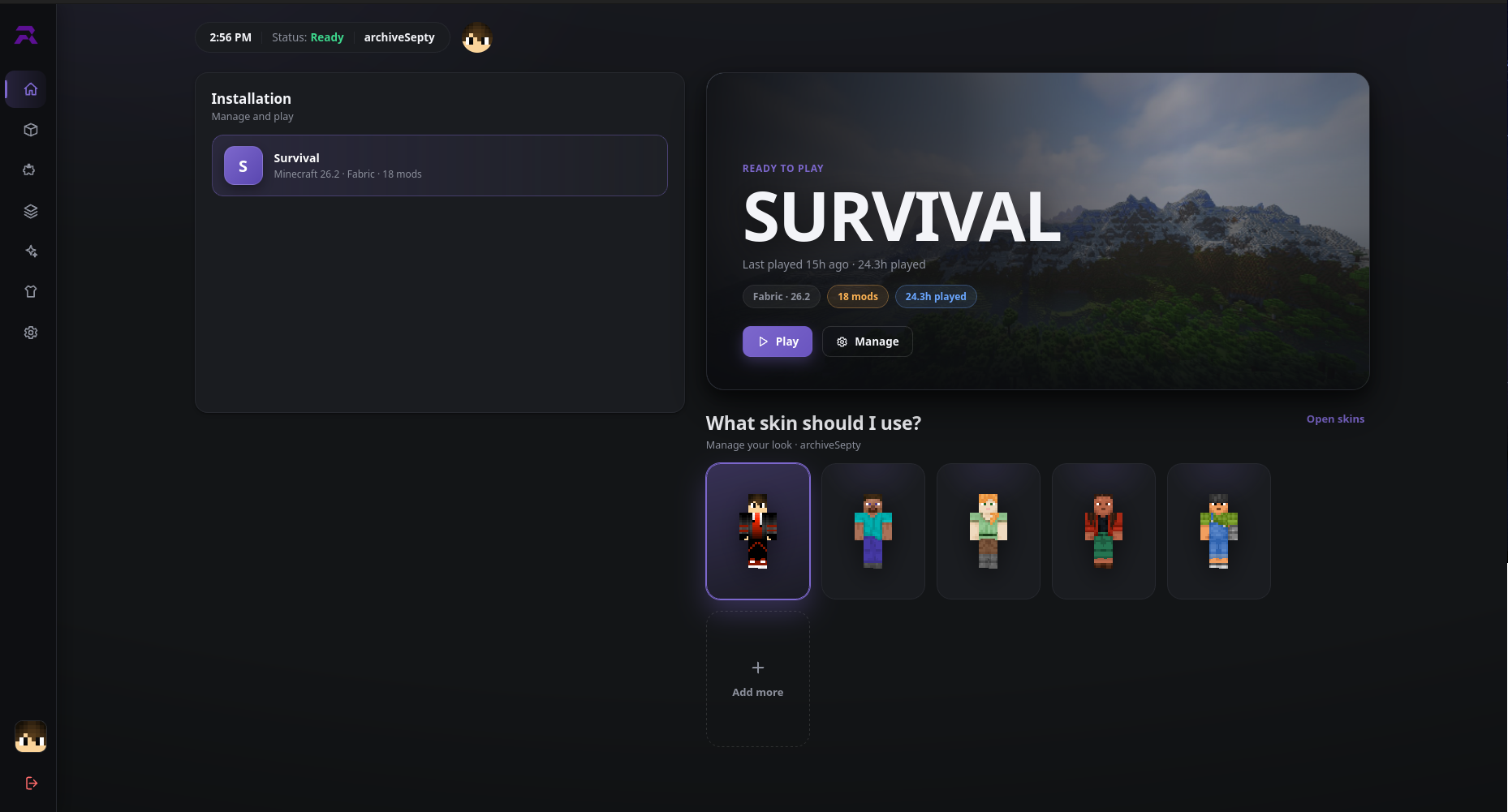 Rune Launcher installations screen with Minecraft version and loader details